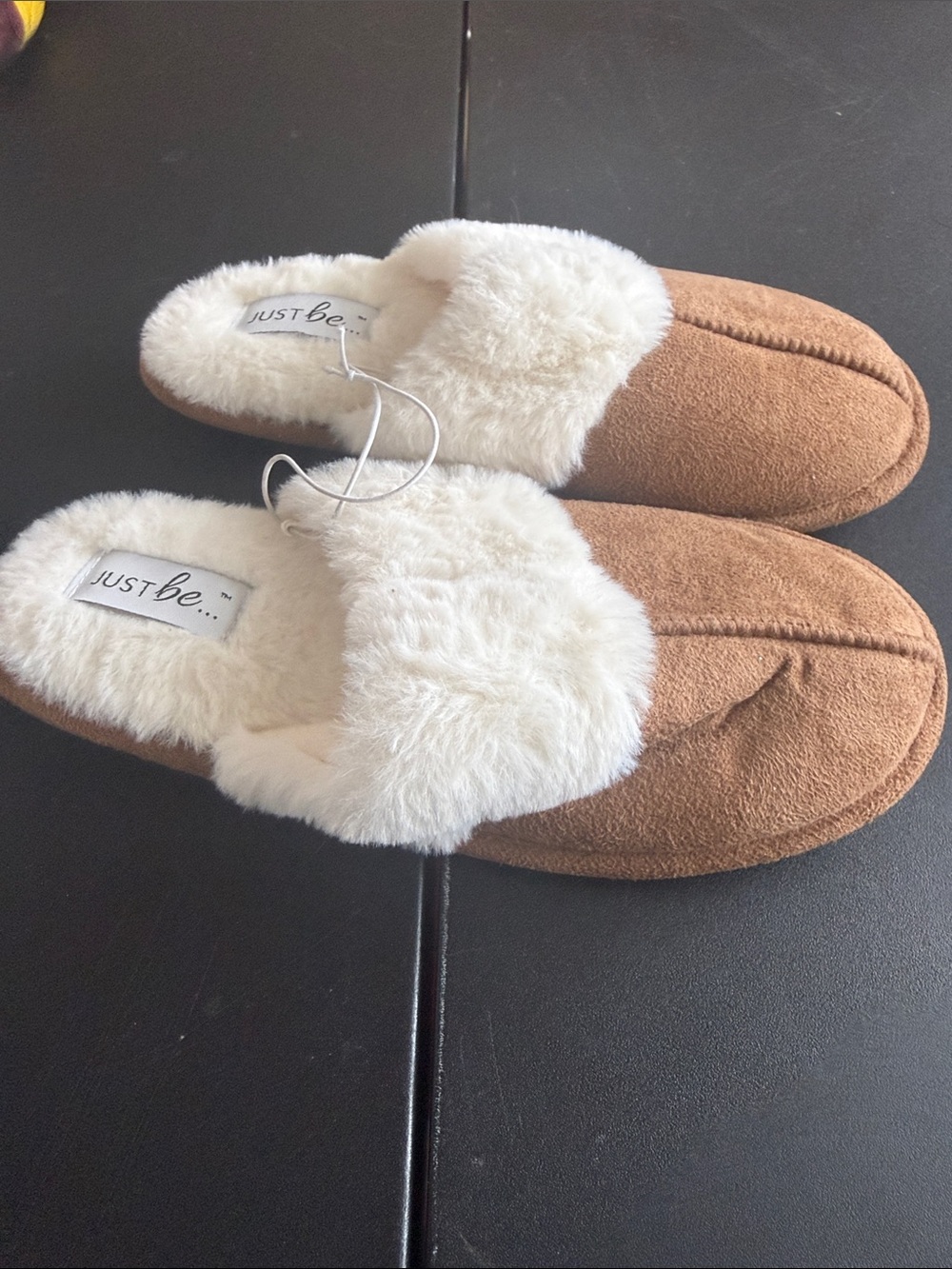 just be Women's Brown Suede Slip-On Slippers with Cream Faux Fur